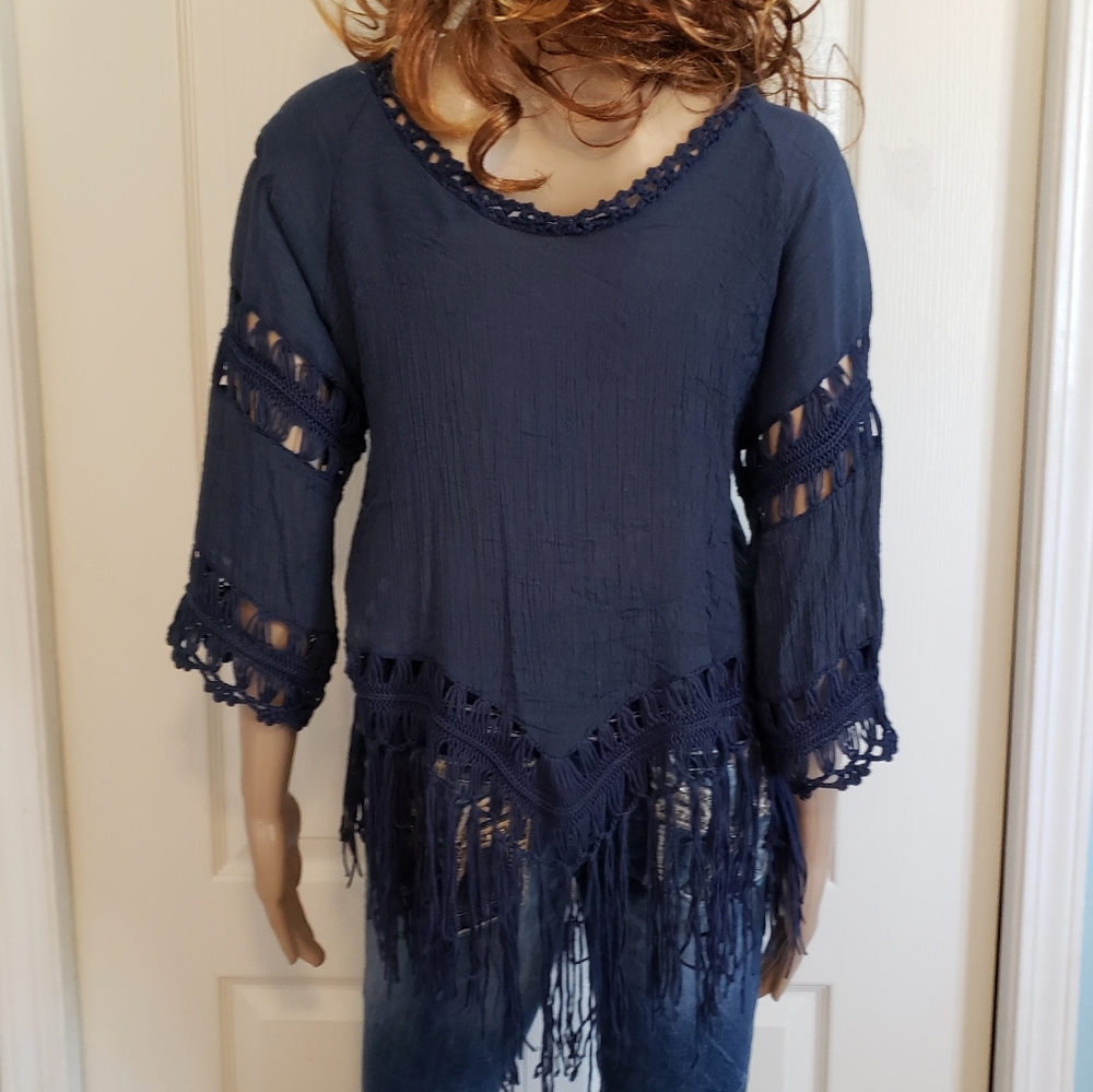 Guilty Navy Blue Top Fringed Hem Crocheted Boho Blouse Medium